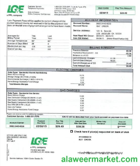 USA LG&E utility bill Word and PDF template